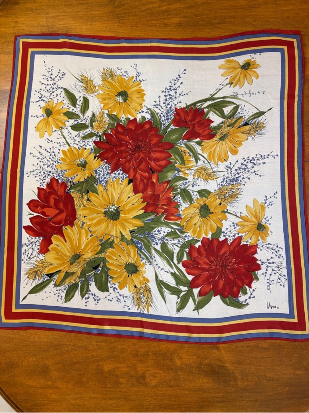 Vera Neumann Floral Square Silk Scarf with Red and Yellow Blooms, Vintage